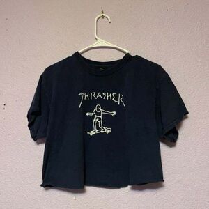 Thrasher Unisex Cropped Tee M Blue Skateboard Graphic Streetwear Casual